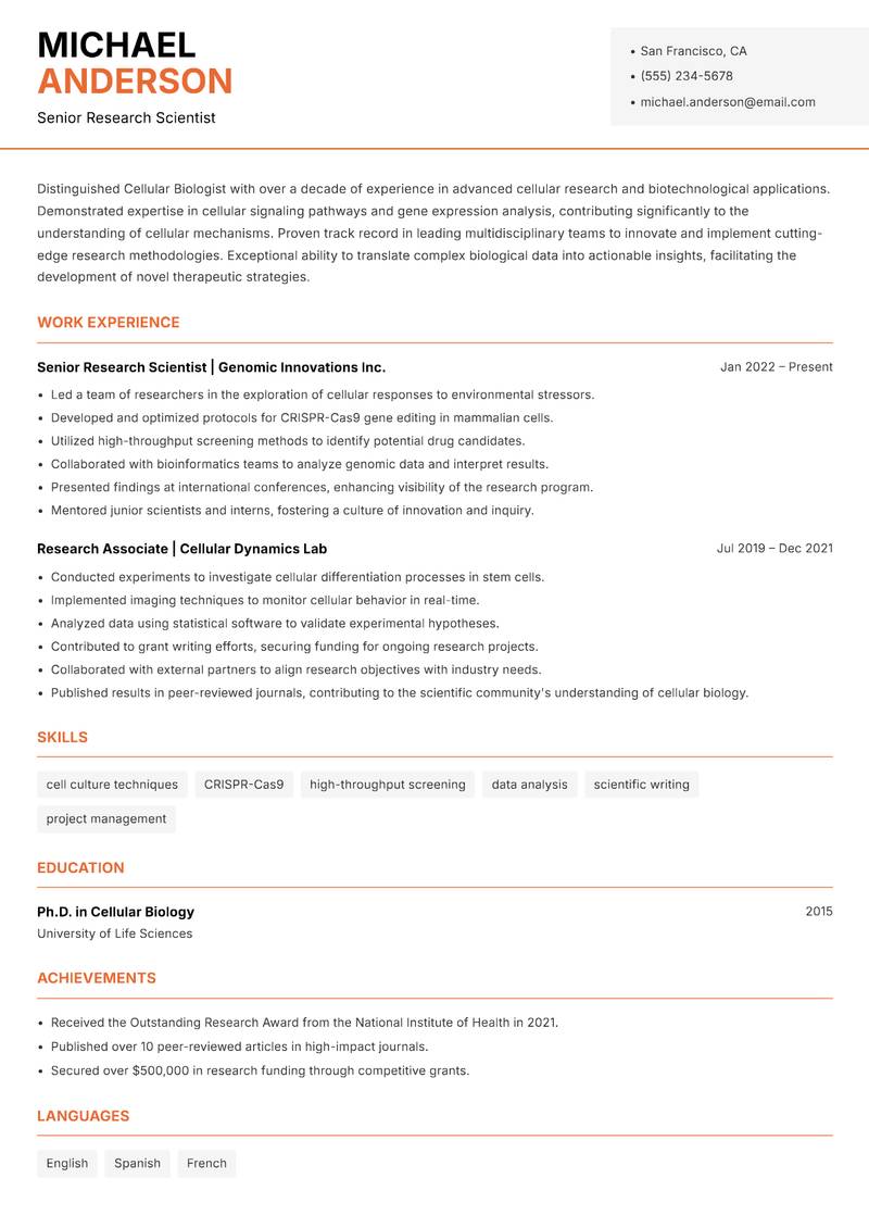 Cellular Biologist resume template — Modern Professional