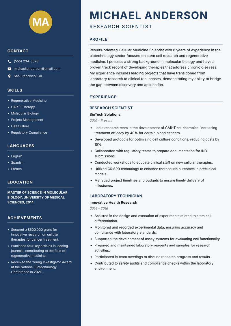 Cellular Medicine Scientist resume template — Classic Clean