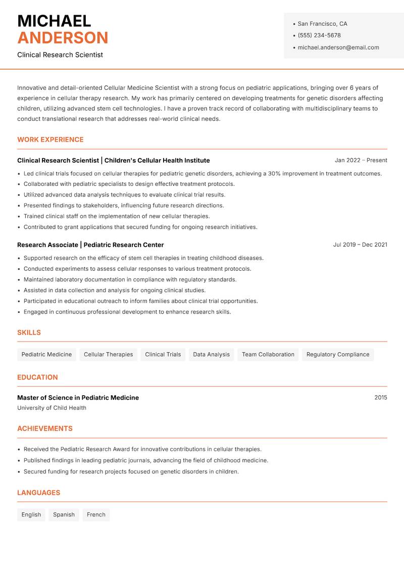 Cellular Medicine Scientist resume template — Modern Professional