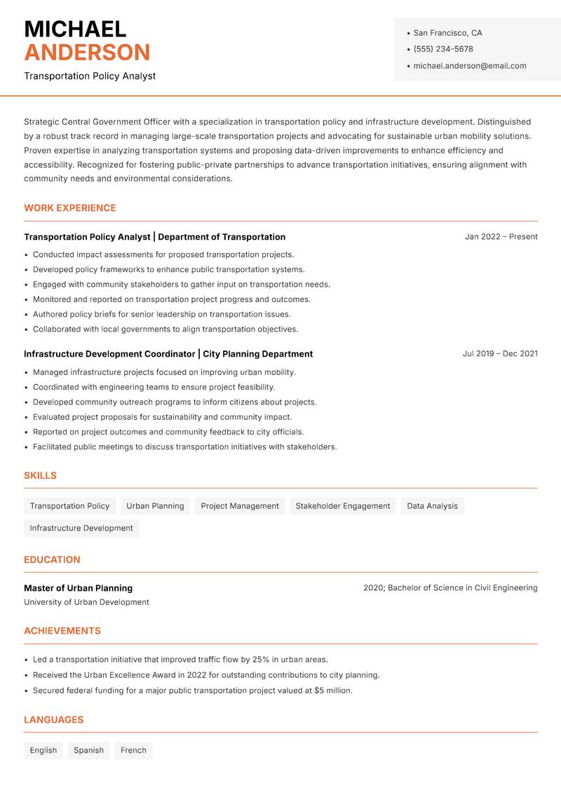Central Government Officer resume template — Modern Professional