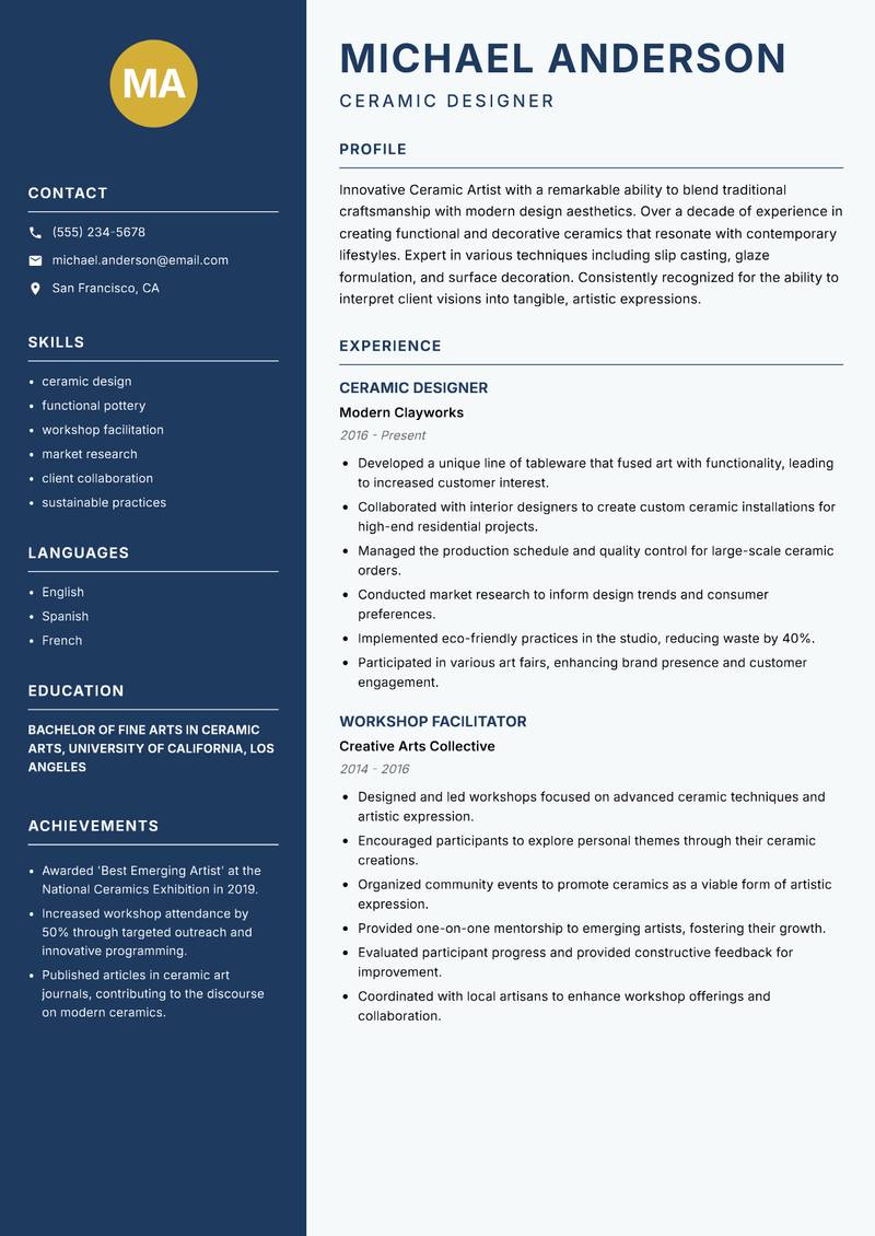 Ceramic Artist resume template — Classic Clean