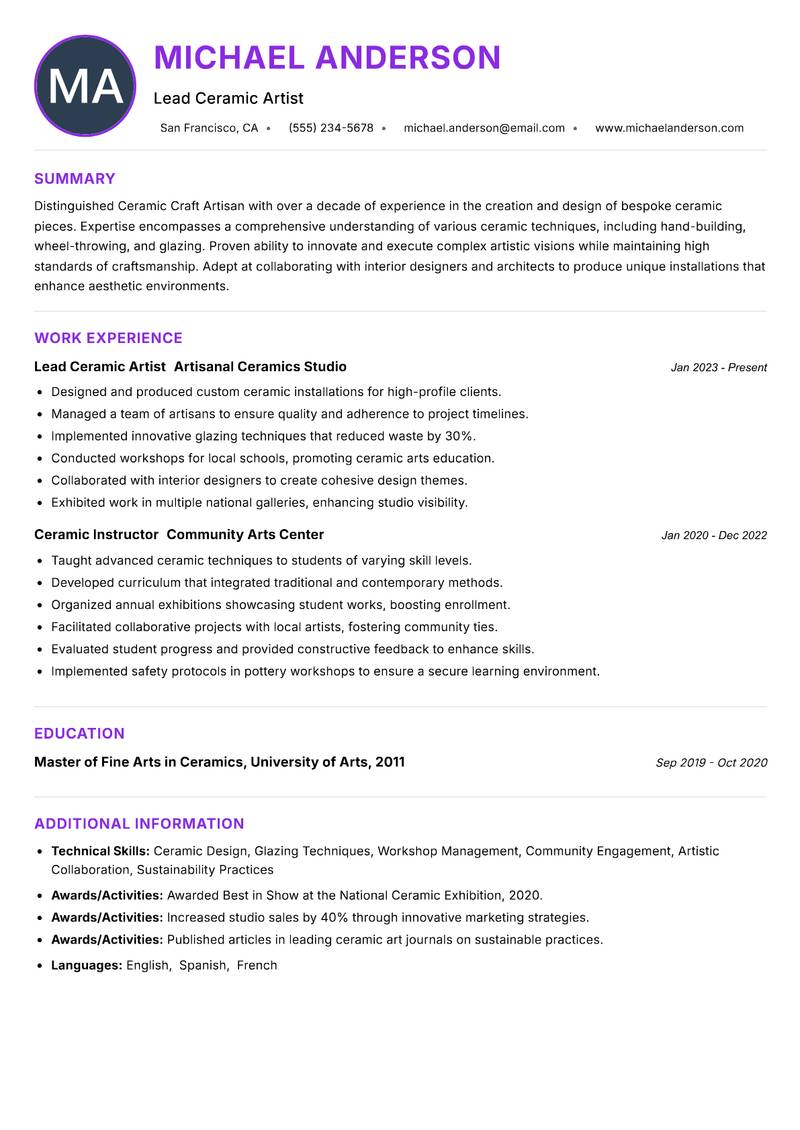 Ceramic Craft Artisan resume example — ATS-friendly template