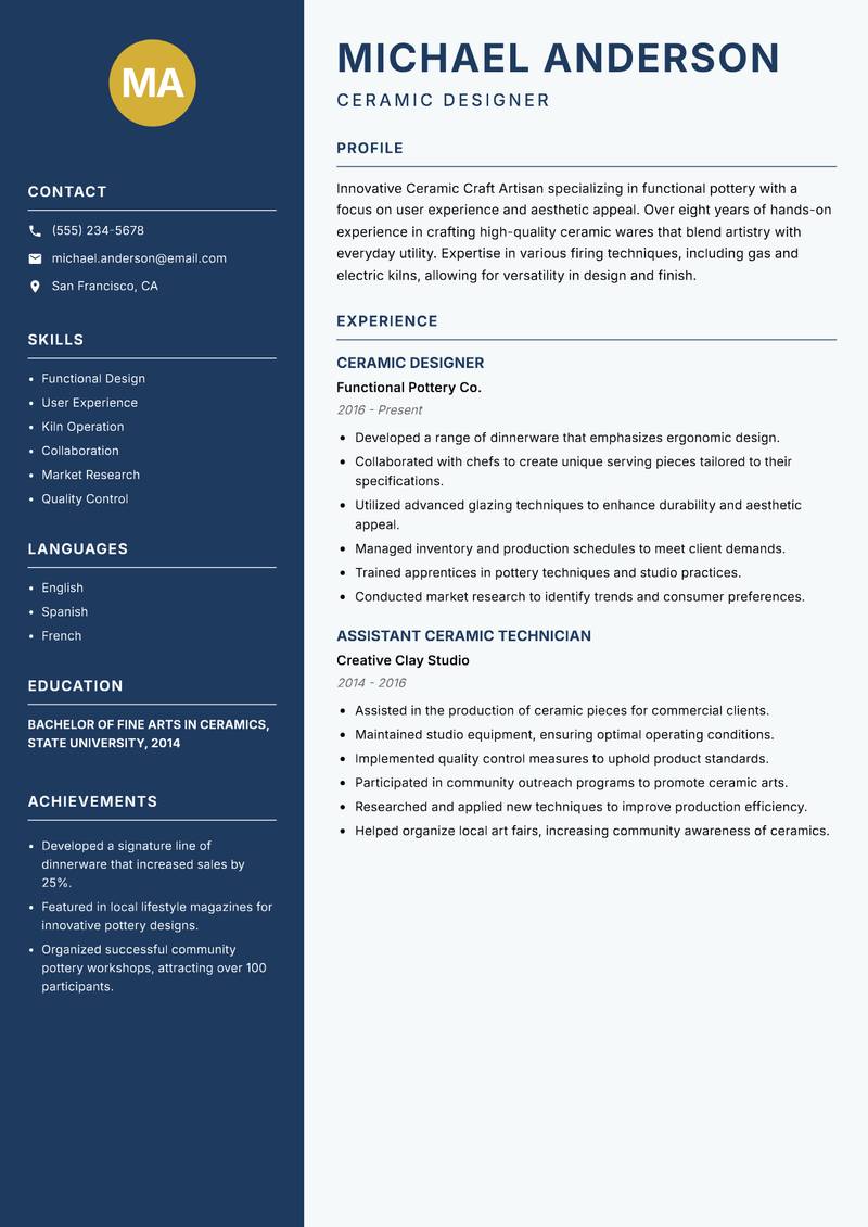 Ceramic Craft Artisan resume template — Classic Clean
