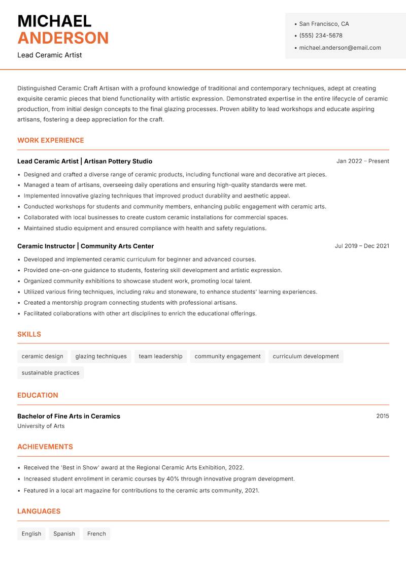 Ceramic Craft Artisan resume template — Modern Professional
