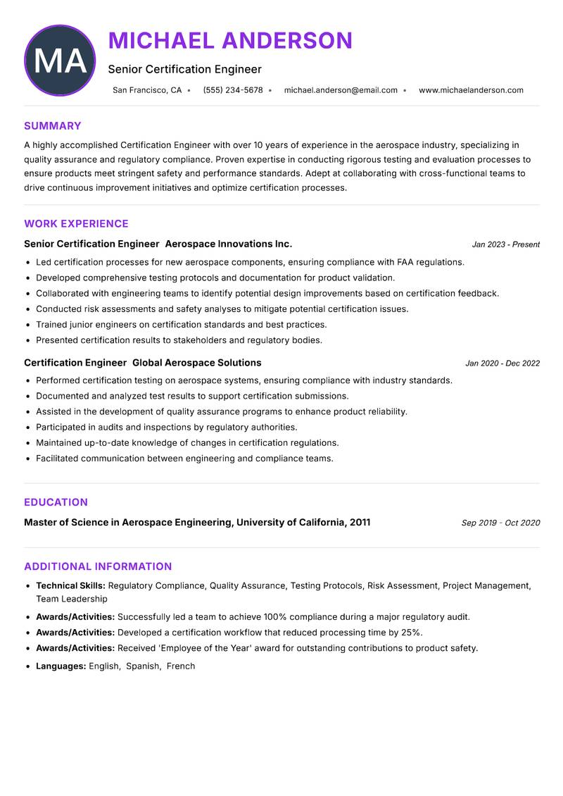Certification Engineer resume example — ATS-friendly template