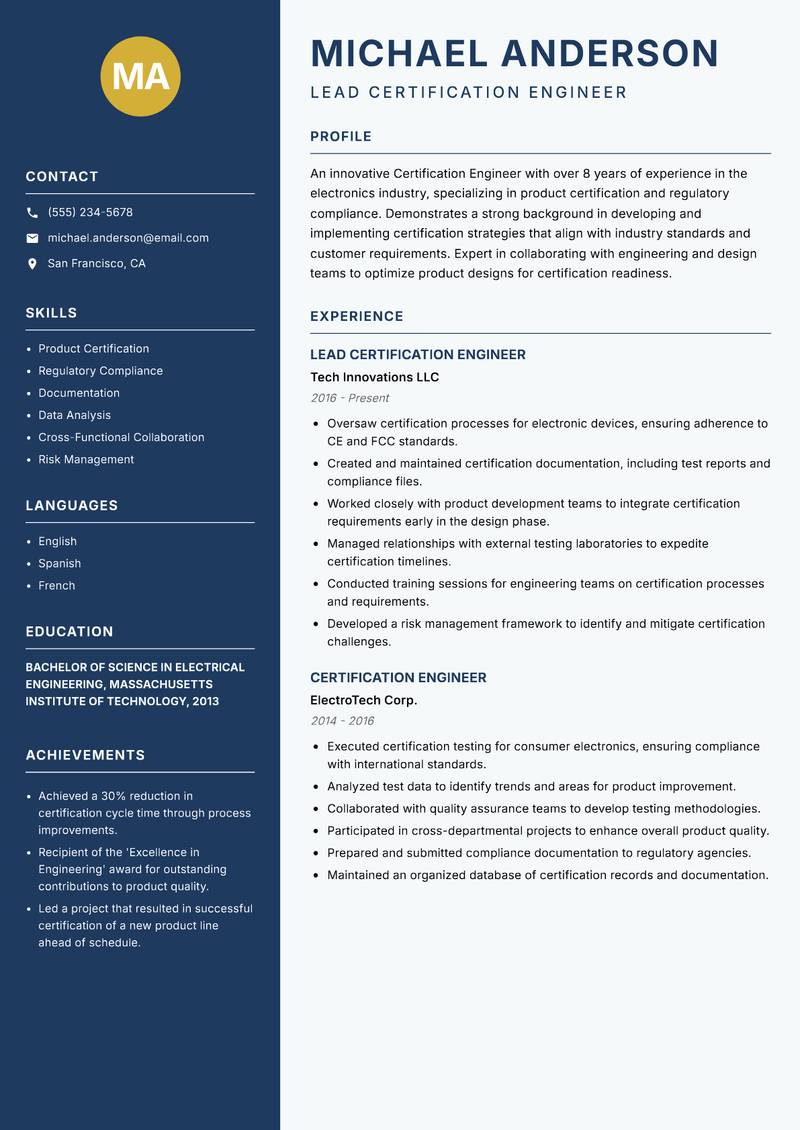 Certification Engineer resume template — Classic Clean