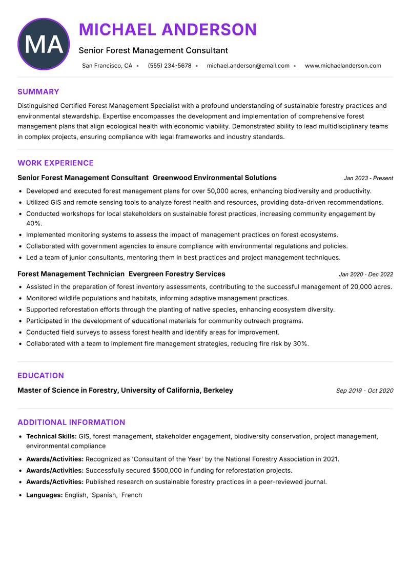 Certified Forest Management Specialist resume example — ATS-friendly template