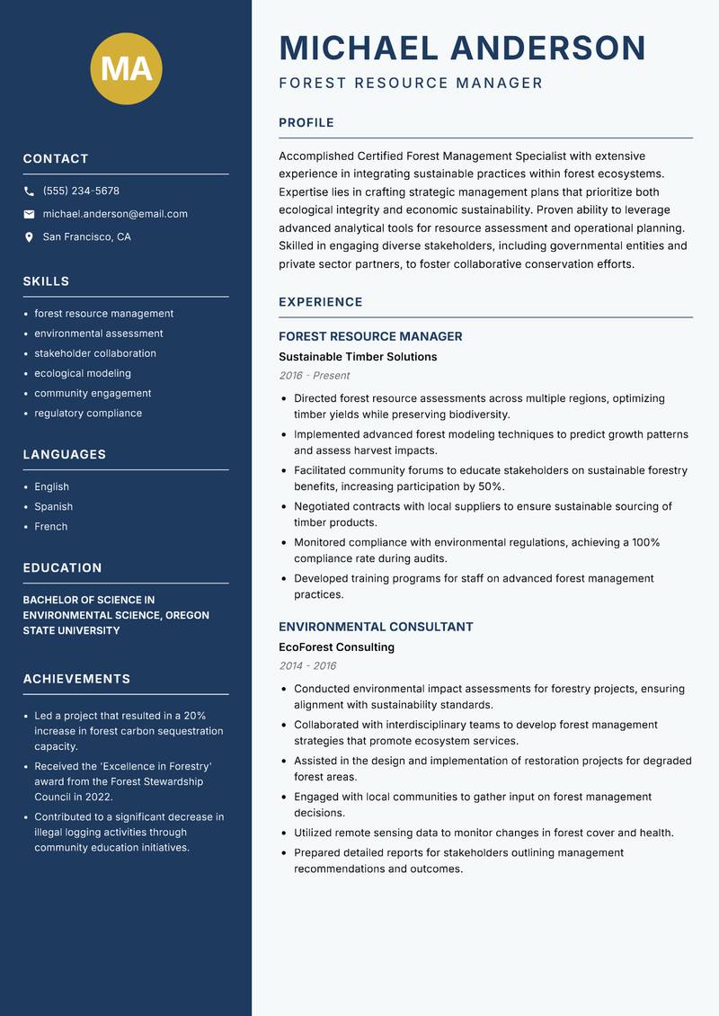 Certified Forest Management Specialist resume template — Classic Clean