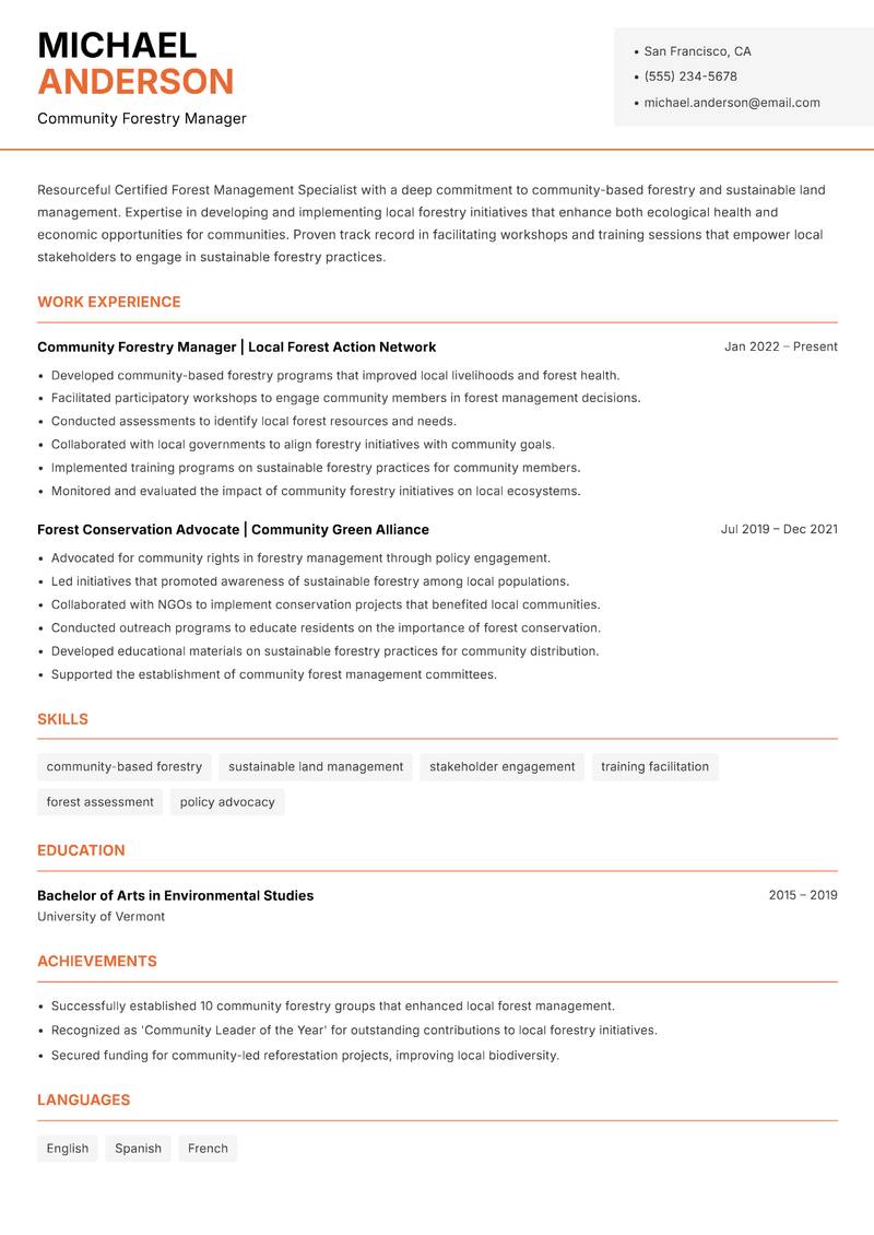 Certified Forest Management Specialist resume template — Modern Professional