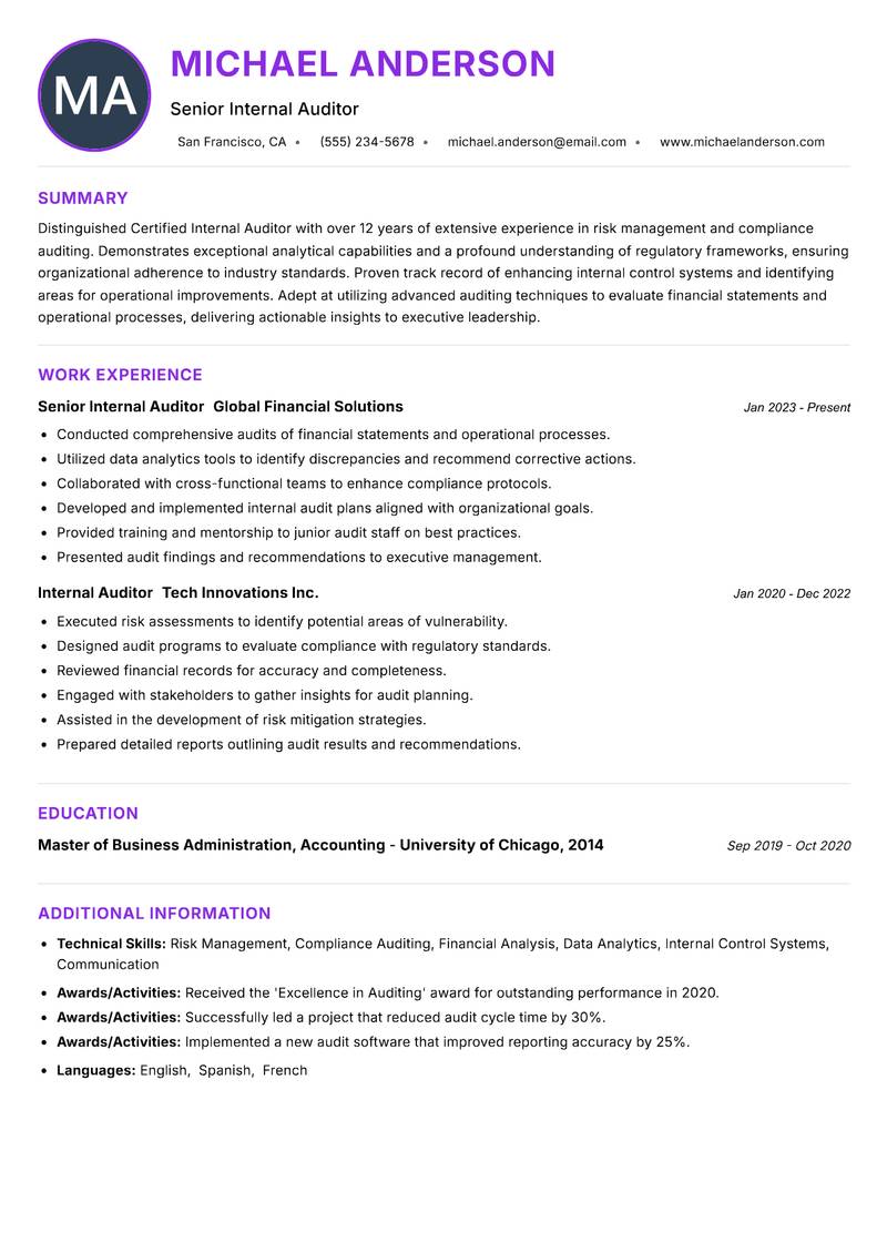 Certified Internal Auditor resume example — ATS-friendly template