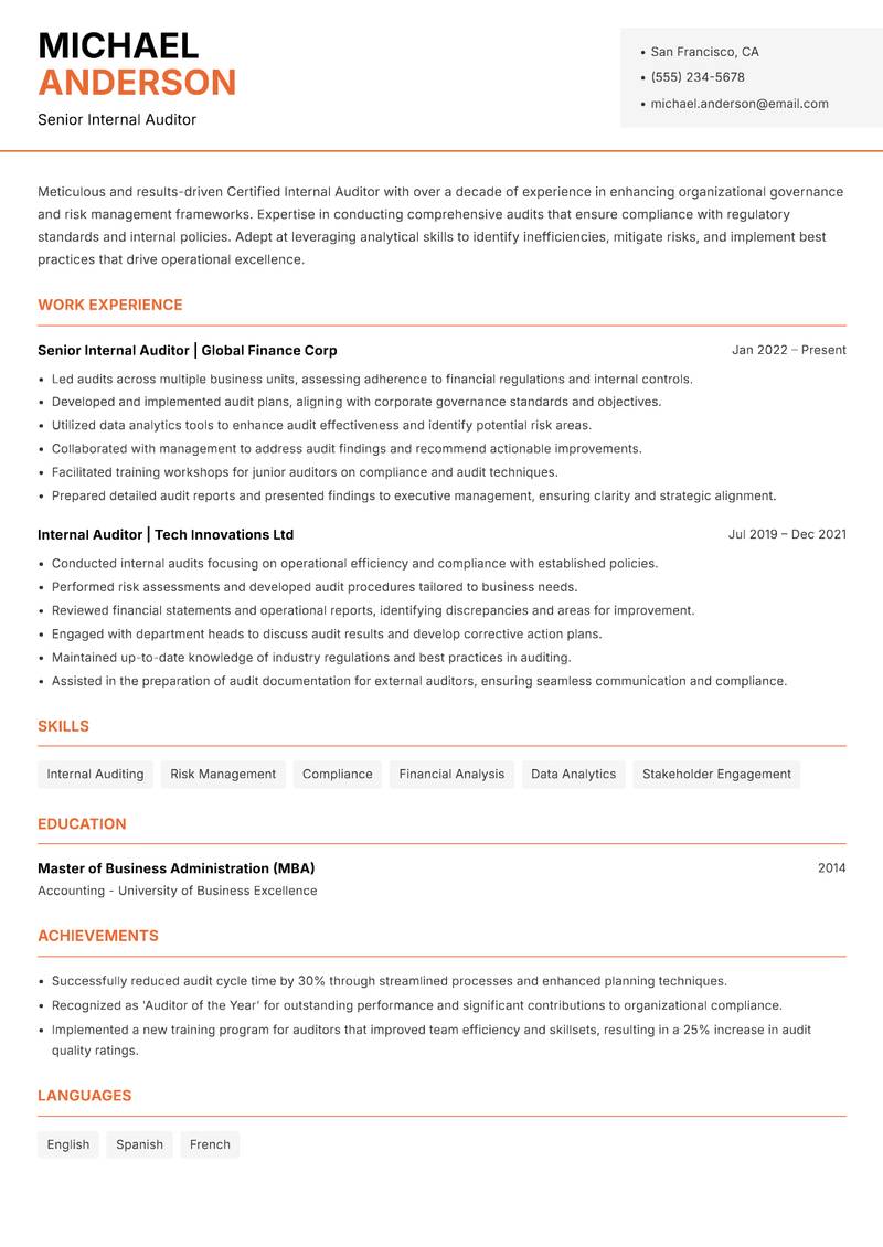 Certified Internal Auditor resume template — Modern Professional