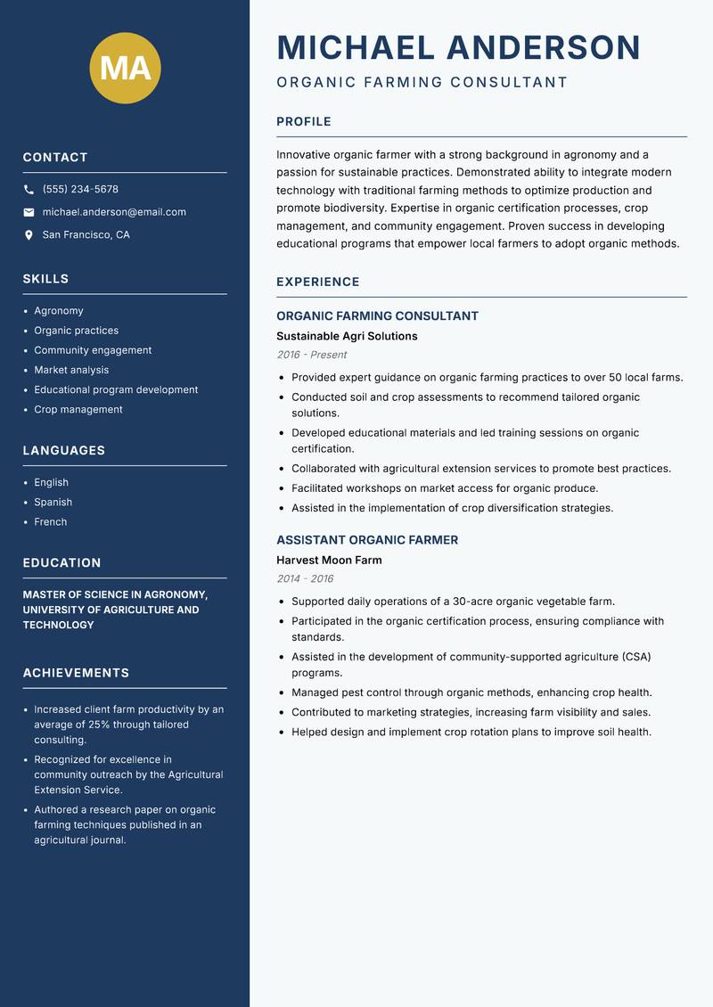 Certified Organic Farmer resume template — Classic Clean