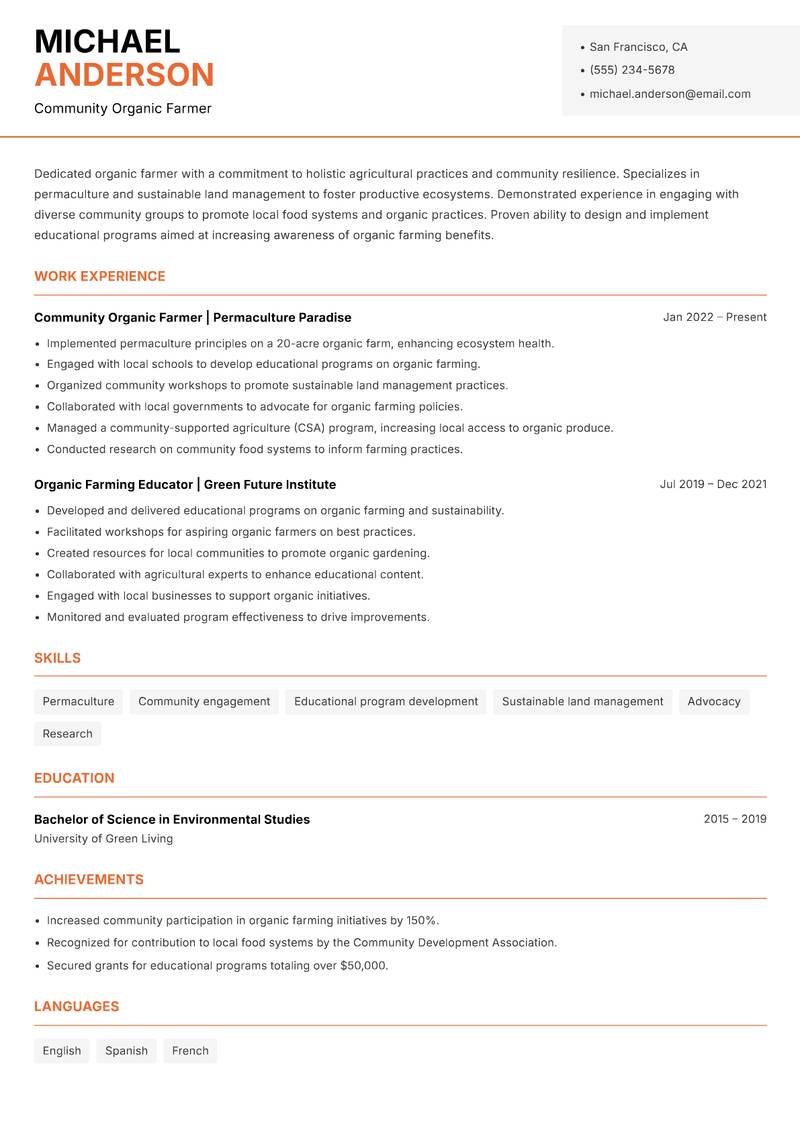 Certified Organic Farmer resume template — Modern Professional