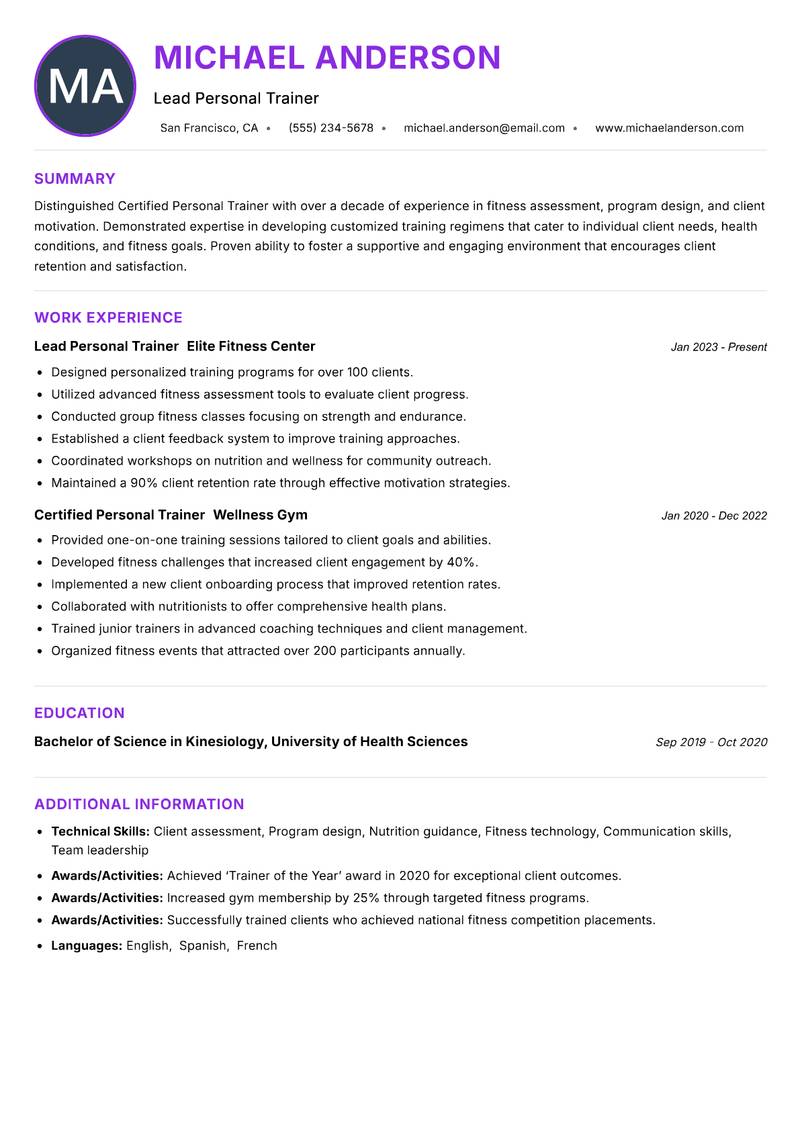Certified Personal Trainer resume example — ATS-friendly template