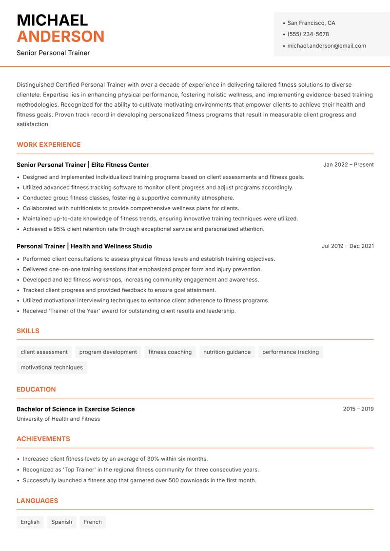Certified Personal Trainer resume template — Modern Professional