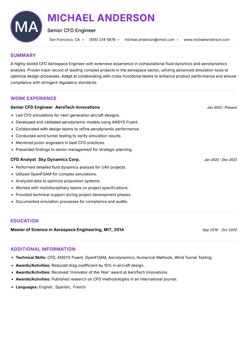 CFD Aerospace Engineer resume example — ATS-friendly template