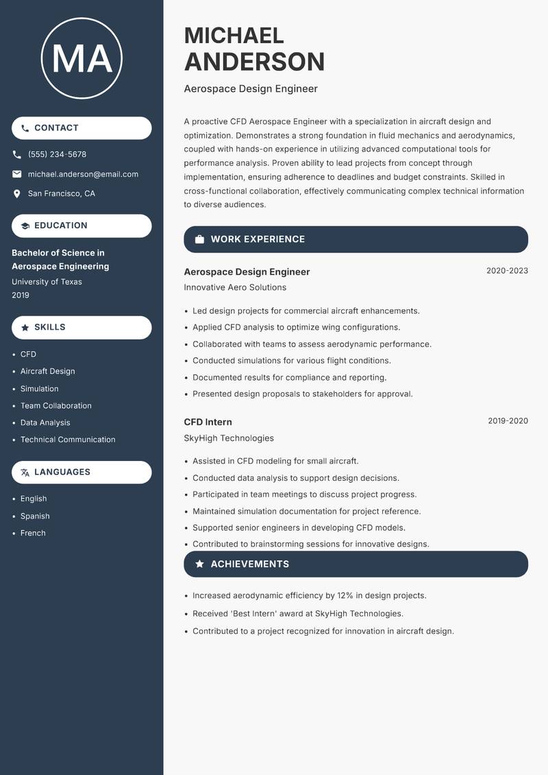 CFD Aerospace Engineer resume template — Compact