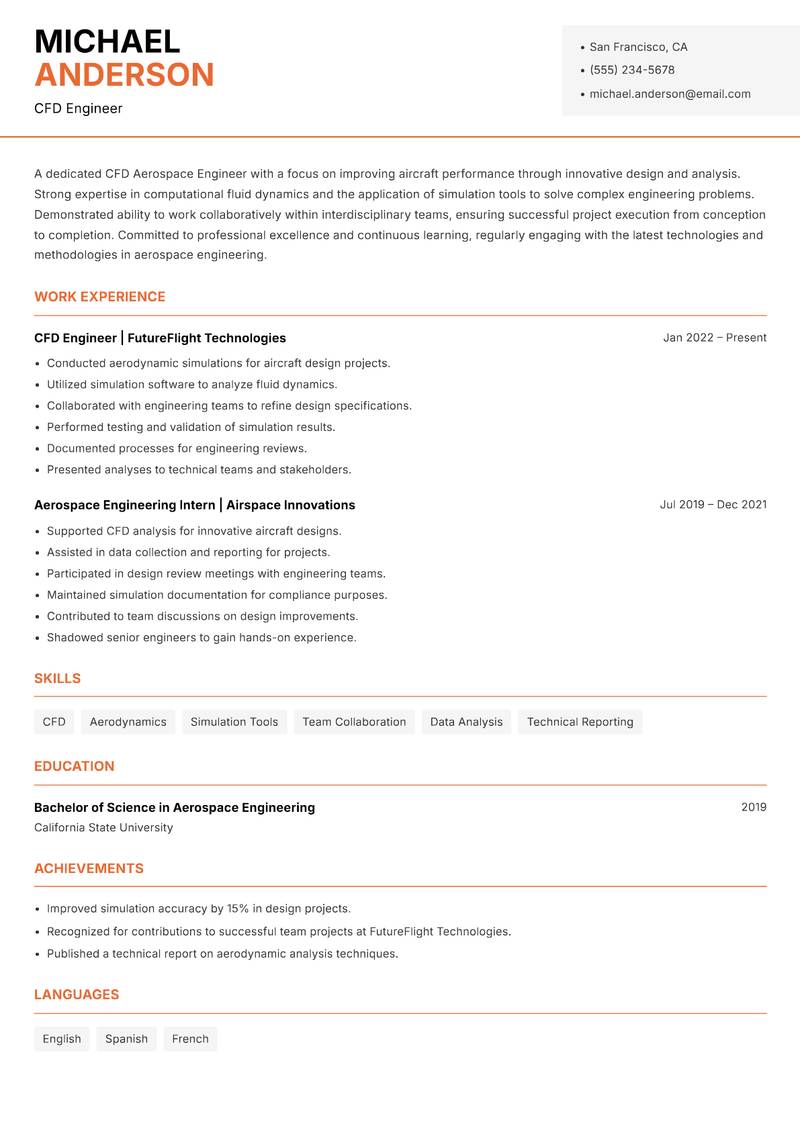 CFD Aerospace Engineer resume template — Modern Professional