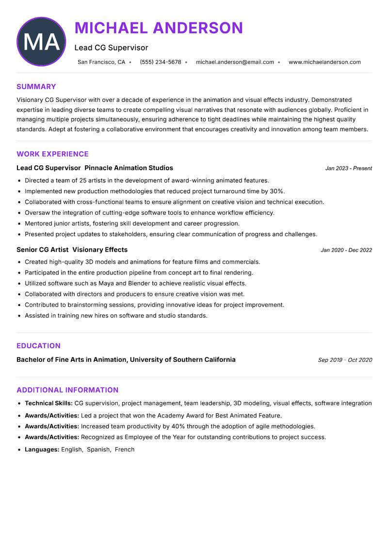 CG Supervisor resume example — ATS-friendly template