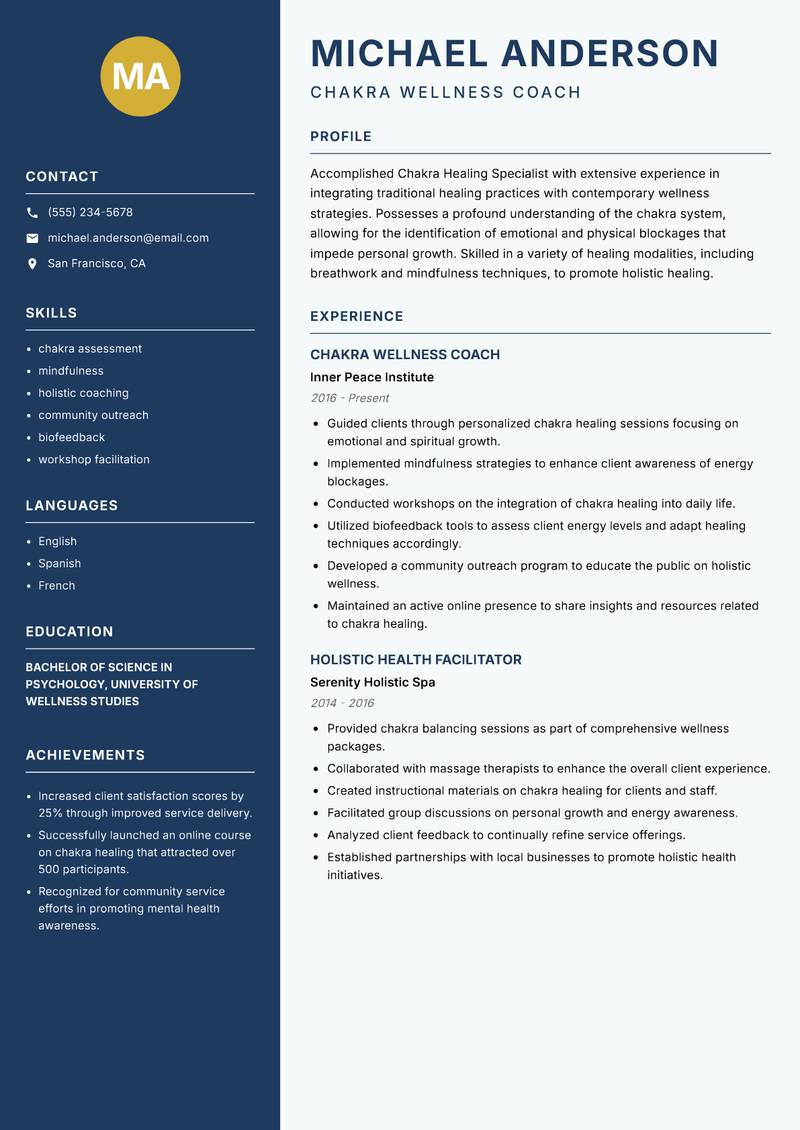 Chakra Healing Specialist resume template — Classic Clean
