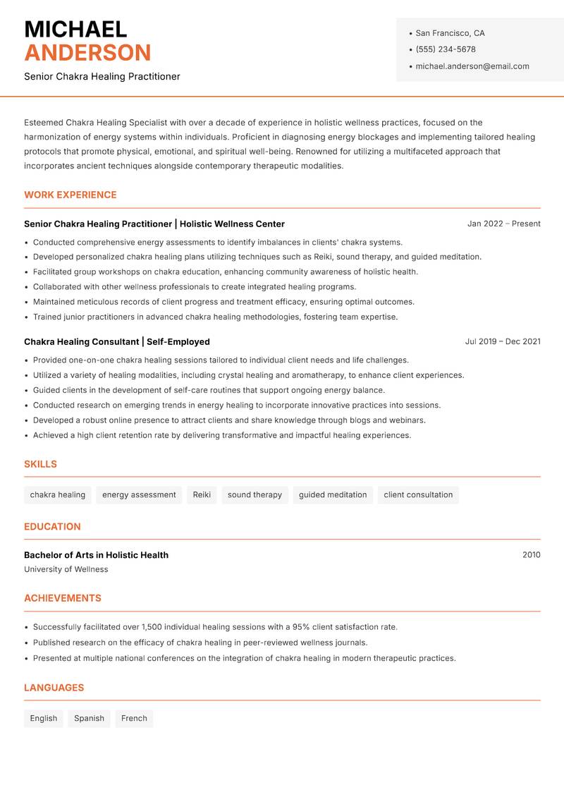 Chakra Healing Specialist resume template — Modern Professional