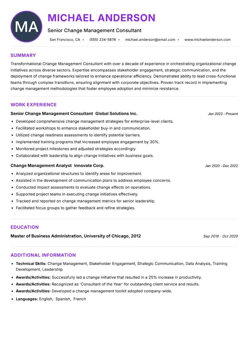 Change Management Consultant resume example — ATS-friendly template