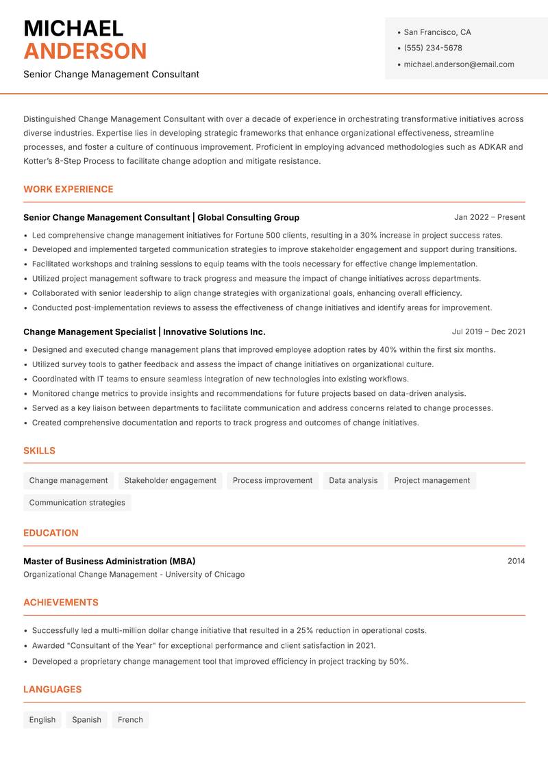 Change Management Consultant resume template — Modern Professional