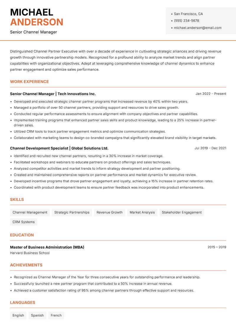 Channel Partner Executive resume template — Modern Professional