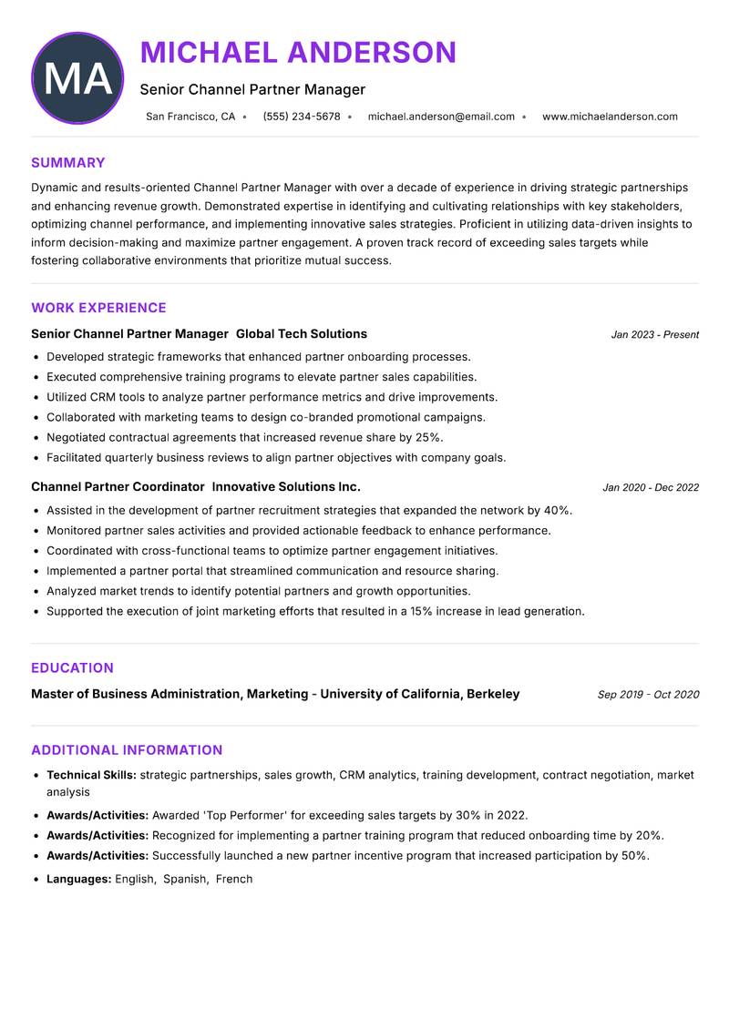 Channel Partner Manager resume example — ATS-friendly template
