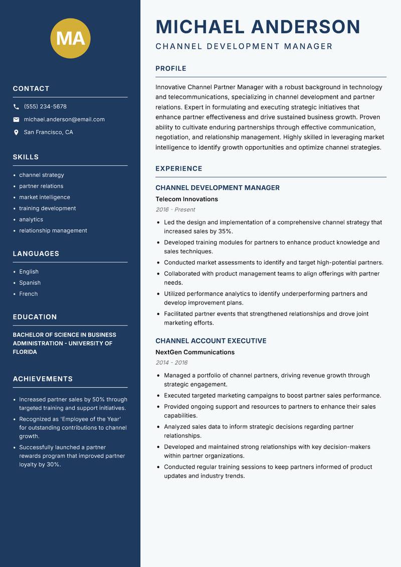 Channel Partner Manager resume template — Classic Clean