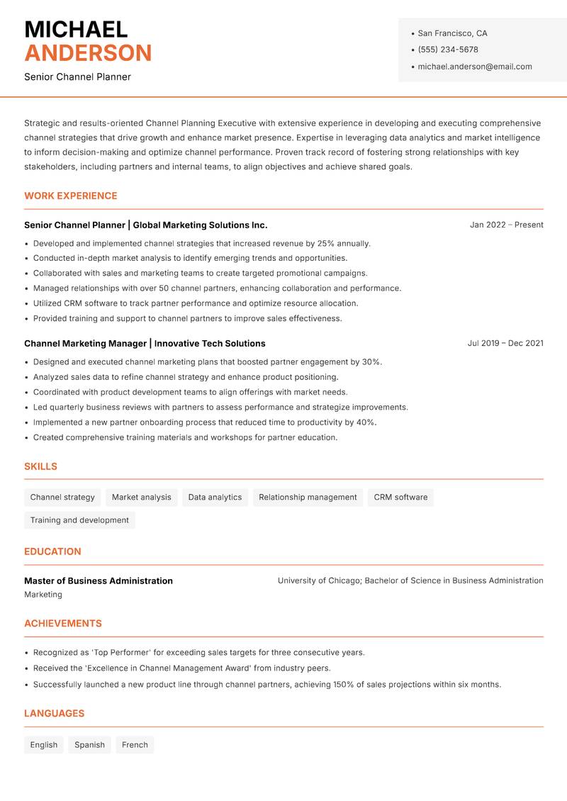 Channel Planning Executive resume template — Modern Professional