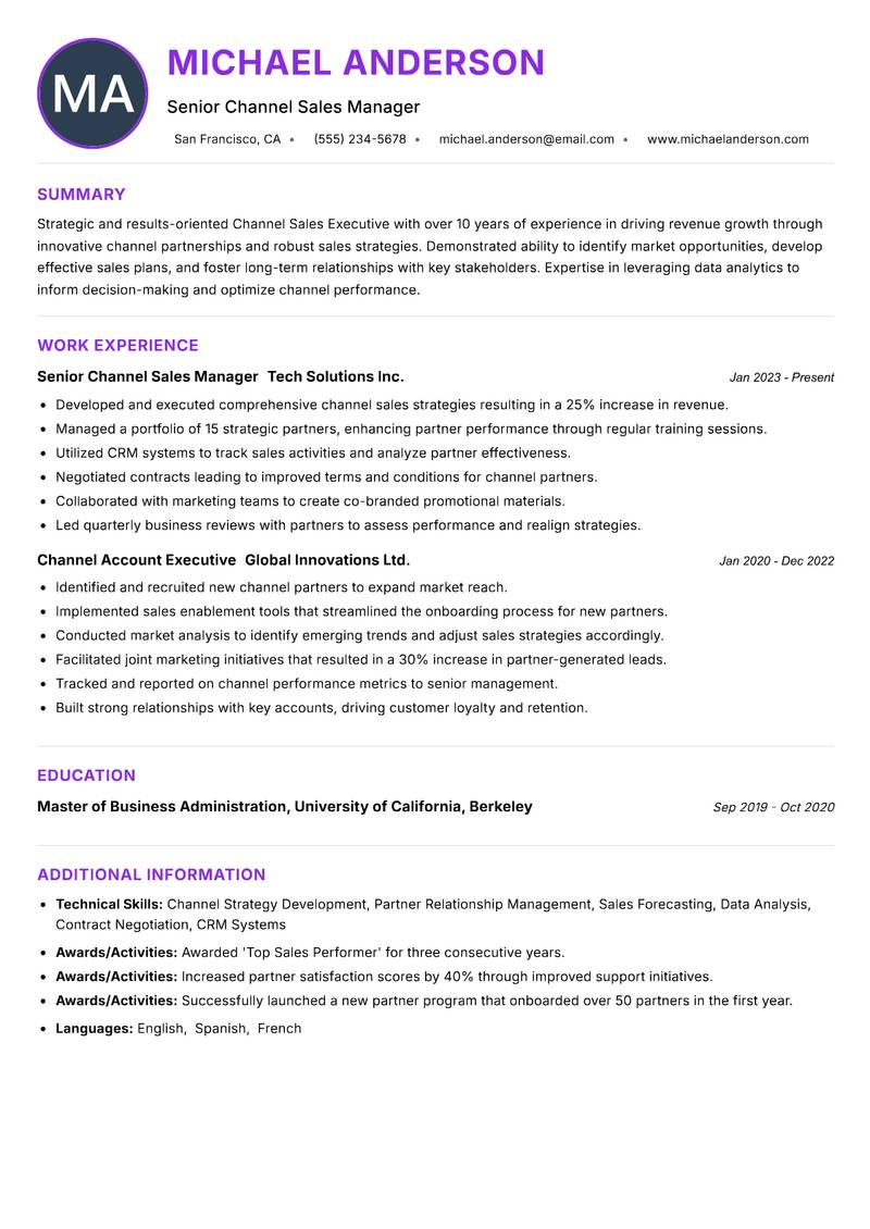 Channel Sales Executive resume example — ATS-friendly template