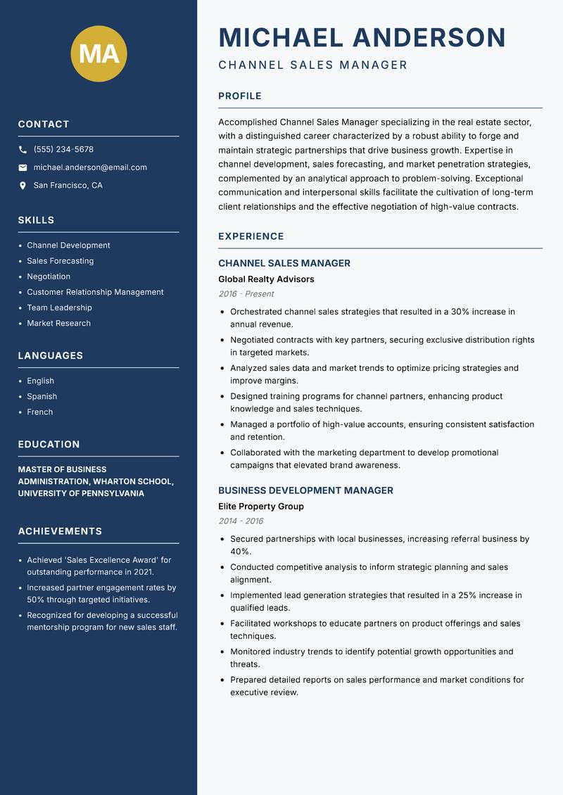 Channel Sales Manager Real Estate resume template — Classic Clean