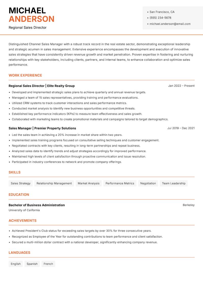 Channel Sales Manager Real Estate resume template — Modern Professional