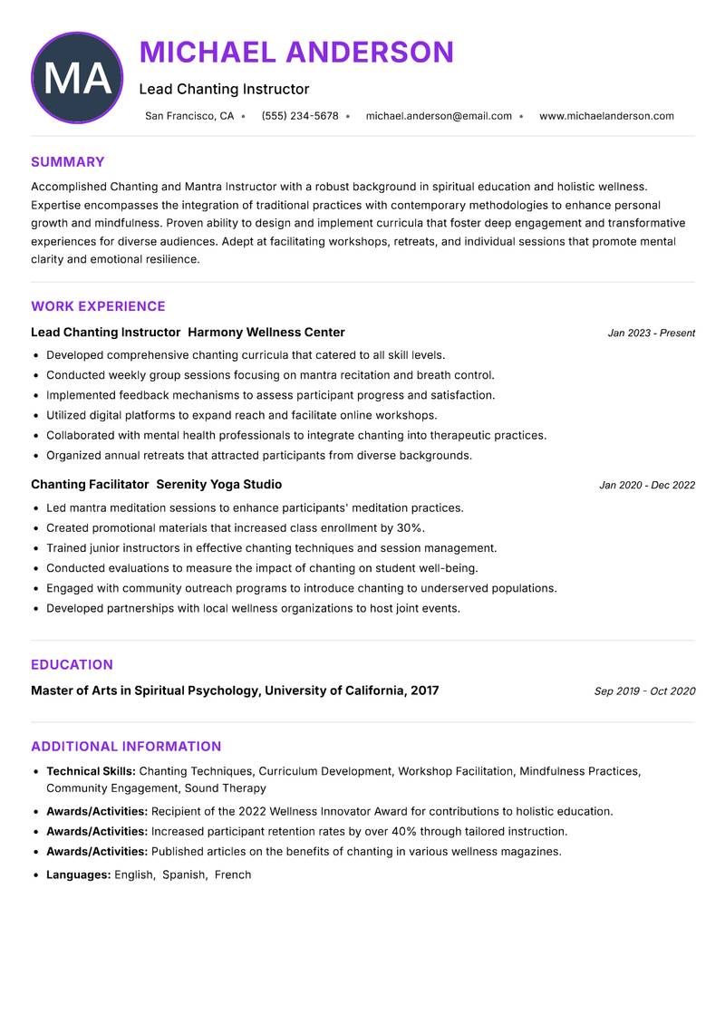 Chanting and Mantra Instructor resume example — ATS-friendly template