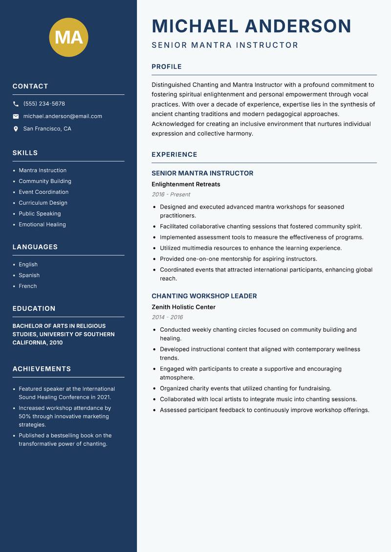 Chanting and Mantra Instructor resume template — Classic Clean