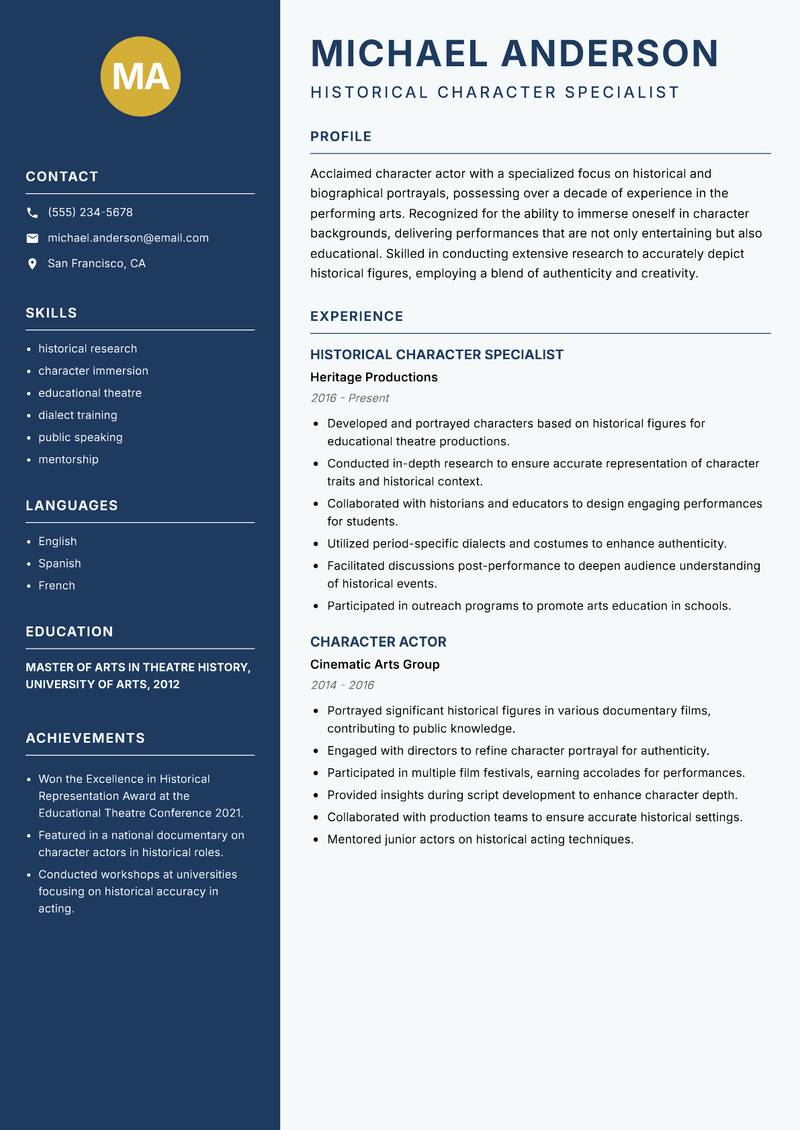 Character Actor resume template — Classic Clean