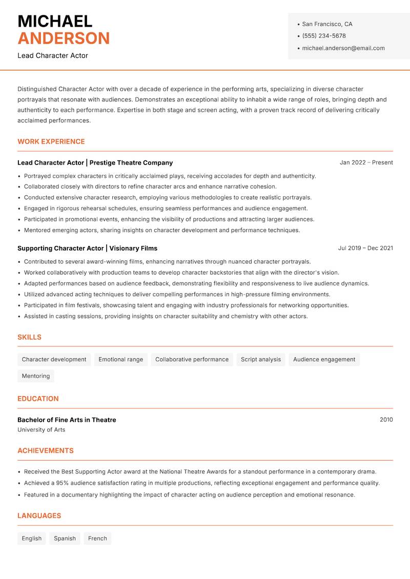 Character Actor resume template — Modern Professional