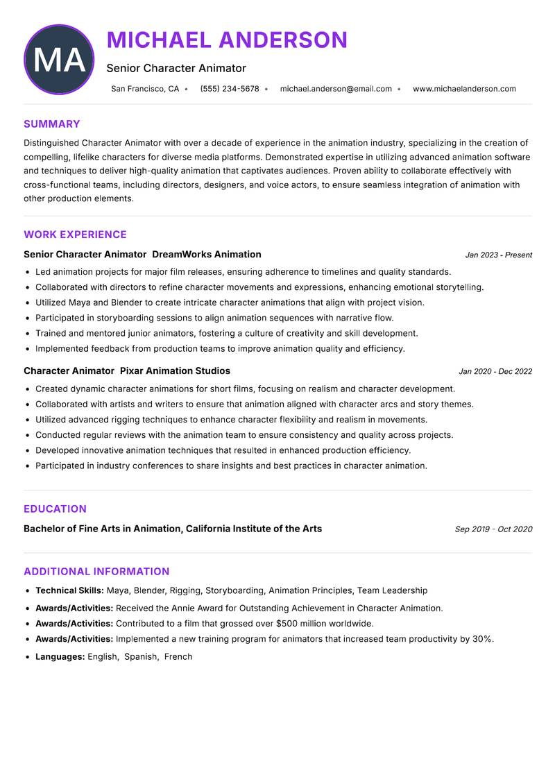 Character Animator resume example — ATS-friendly template
