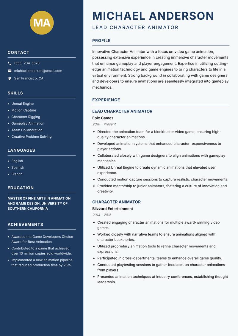 Character Animator resume template — Classic Clean