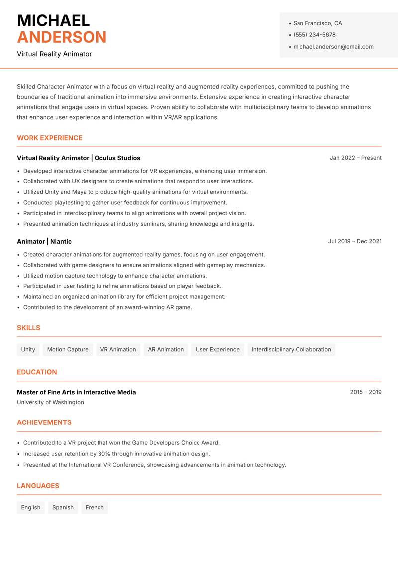 Character Animator resume template — Modern Professional