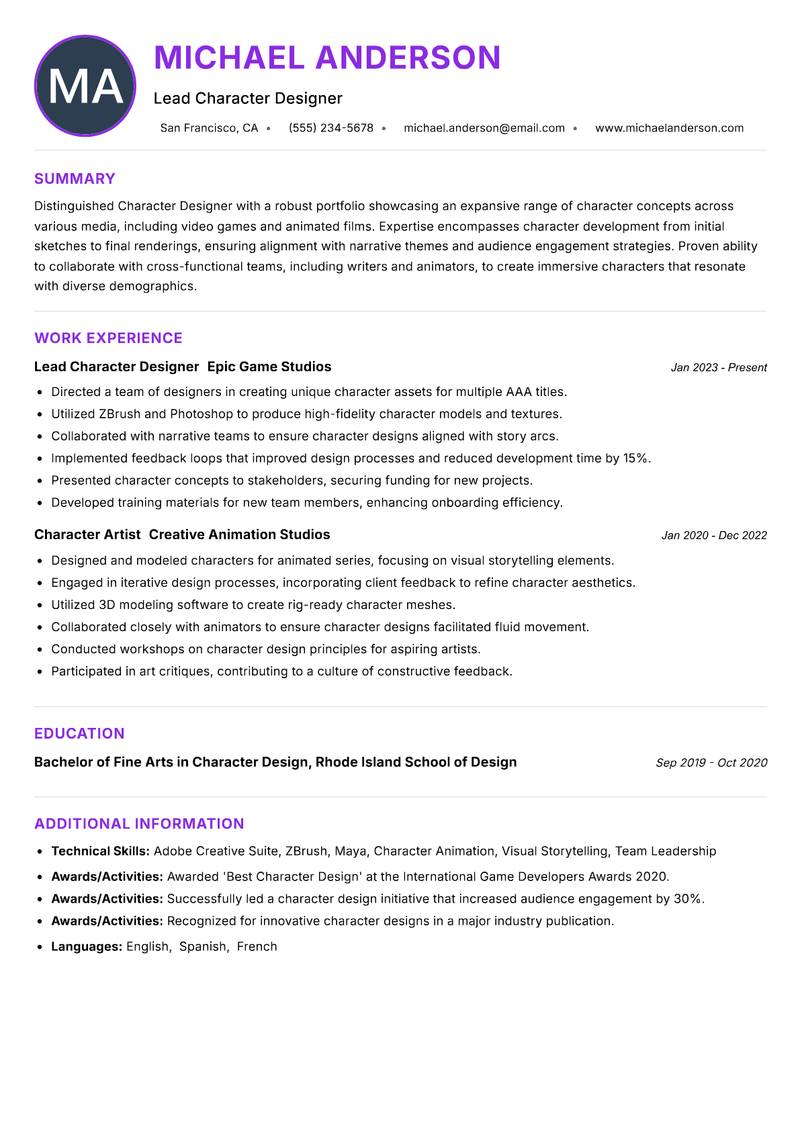 Character Designer resume example — ATS-friendly template