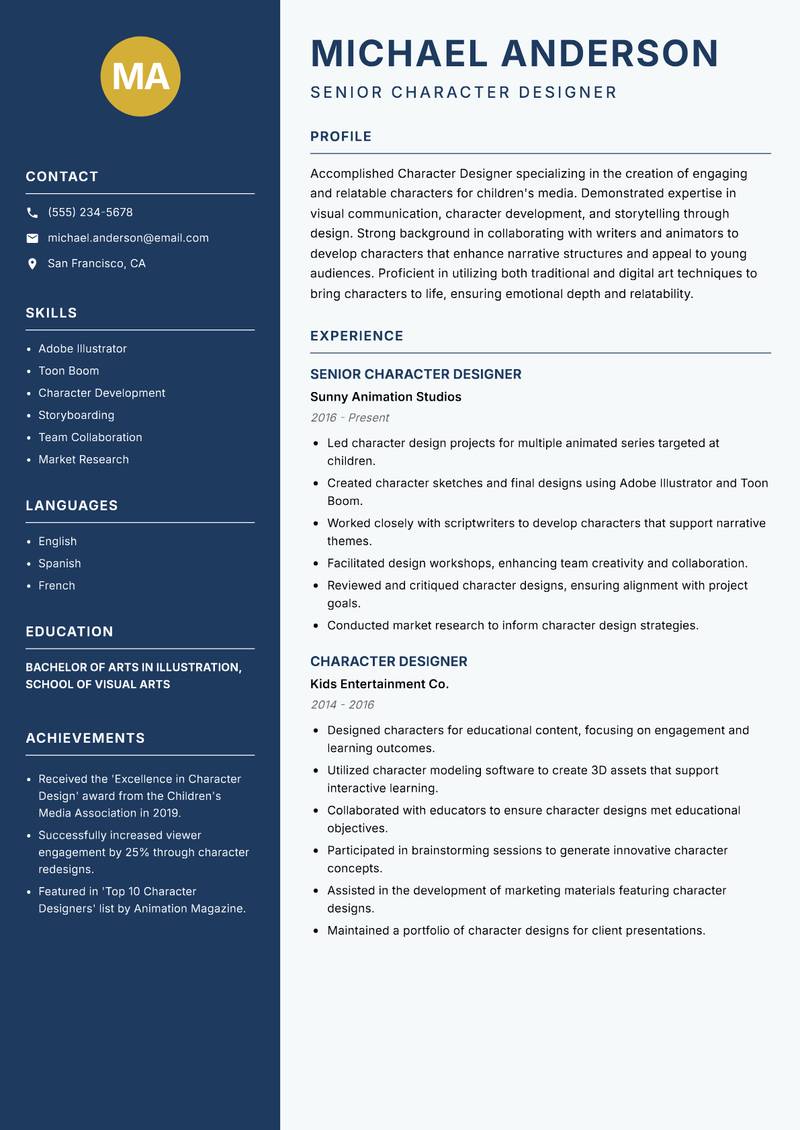 Character Designer resume template — Classic Clean