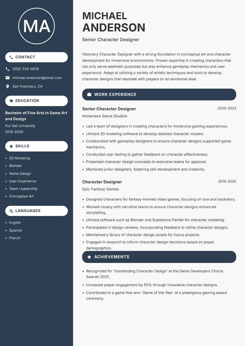 Character Designer resume template — Compact