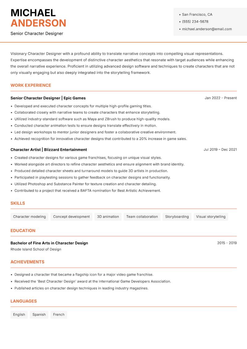 Character Designer resume template — Modern Professional