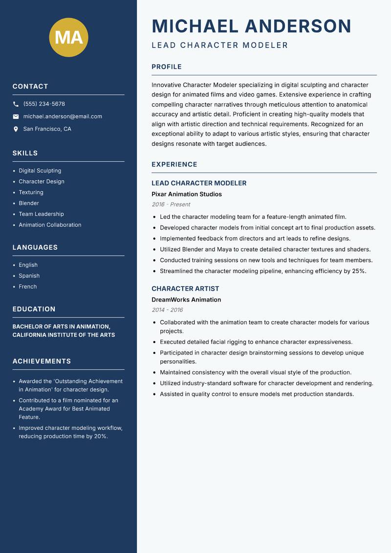 Character Modeler resume template — Classic Clean
