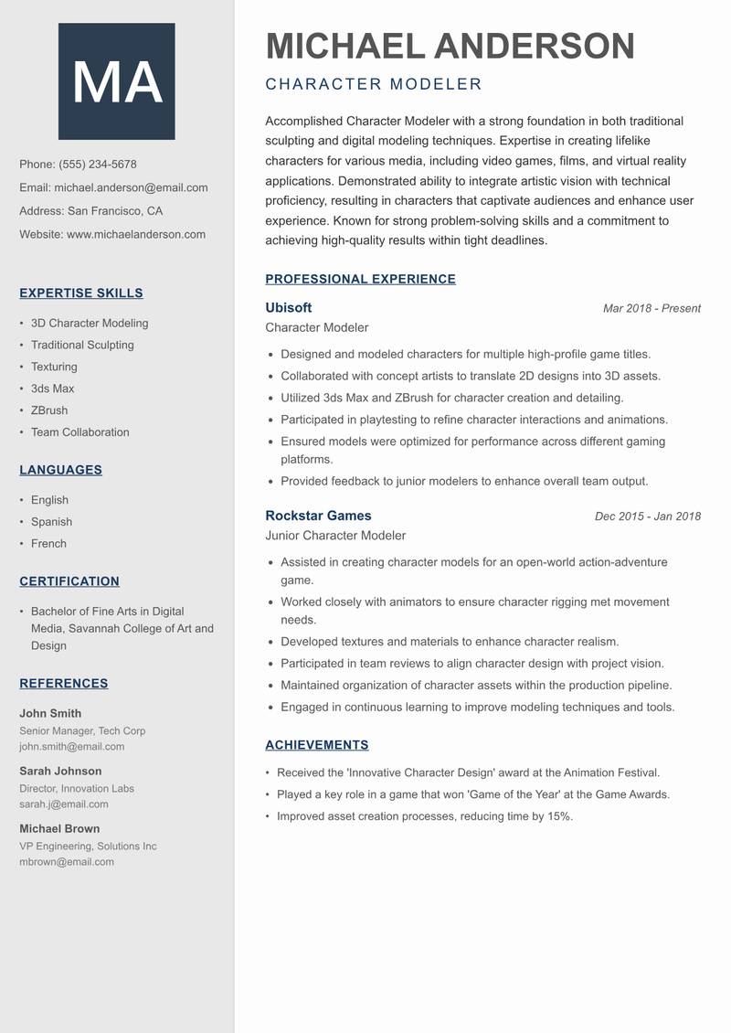 Character Modeler resume template — Creative Minimal