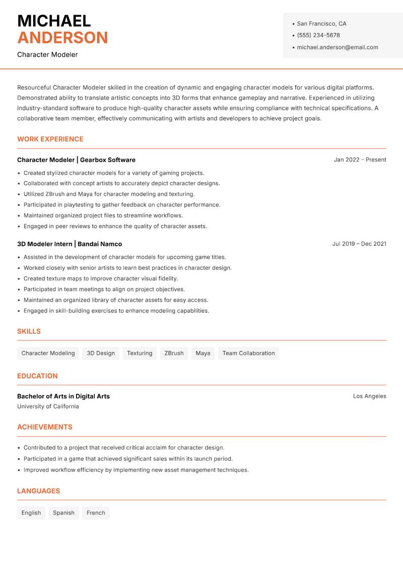Character Modeler resume template — Modern Professional