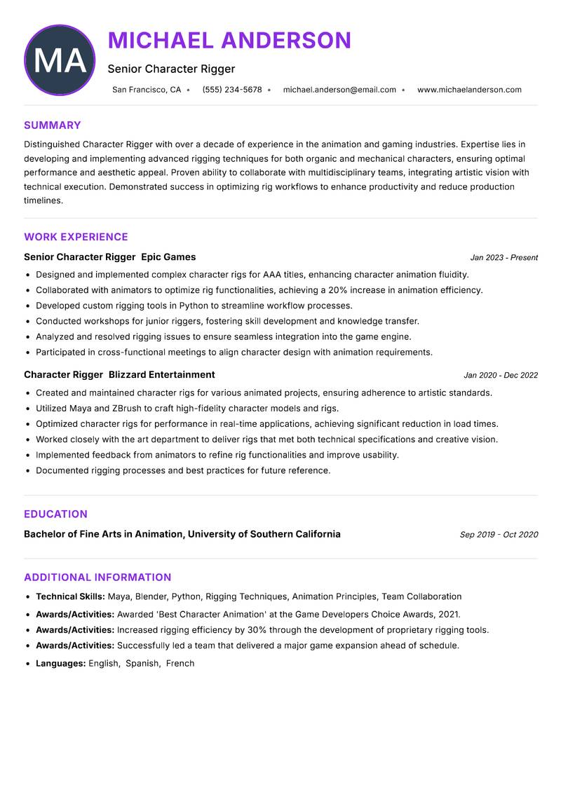 Character Rigger resume example — ATS-friendly template