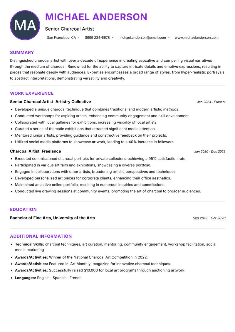 Charcoal Artist resume example — ATS-friendly template